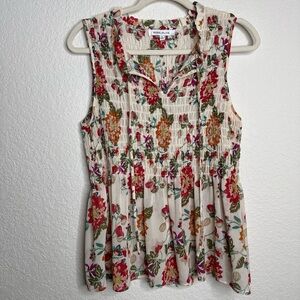 Rose + Olive Cream Floral Smocked Sleeveless Sheer Top, Size M